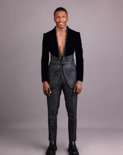 The “Gifted” Navy Blue Half-Cut Jacket & Silver Wire Metallic Jacquard Armless Peak Lapel Suit