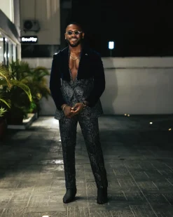The “Gifted” Navy Blue Half-Cut Jacket & Silver Wire Metallic Jacquard Armless Peak Lapel Suit