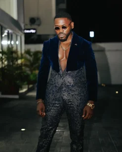 The “Gifted” Navy Blue Half-Cut Jacket & Silver Wire Metallic Jacquard Armless Peak Lapel Suit