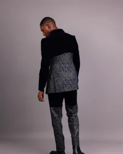 The “Gifted” Navy Blue Half-Cut Jacket & Silver Wire Metallic Jacquard Armless Peak Lapel Suit