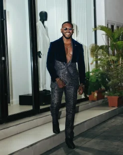 The “Gifted” Navy Blue Half-Cut Jacket & Silver Wire Metallic Jacquard Armless Peak Lapel Suit