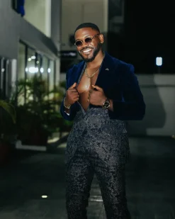 The “Gifted” Navy Blue Half-Cut Jacket & Silver Wire Metallic Jacquard Armless Peak Lapel Suit
