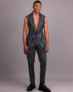The “Gifted” Navy Blue Half-Cut Jacket & Silver Wire Metallic Jacquard Armless Peak Lapel Suit