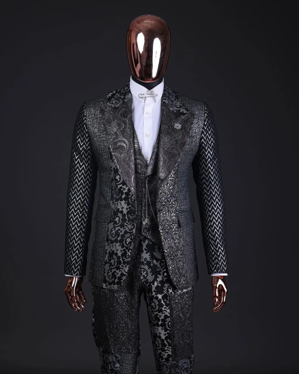 The “Gogo” Limited Edition Gold and Silver Mixed Jacquard Fabric Peak Lapel Metallic Jacquard Suit
