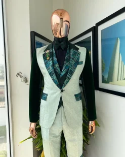 The “Gogo” Limited Edition Shade Of Mixed Green Jacquard Fabric Notch Lapel Metallic Jacquard Suit