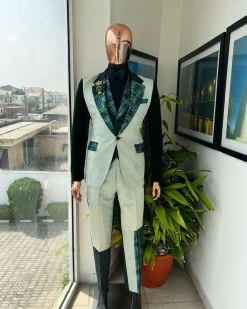 The “Gogo” Limited Edition Shade Of Mixed Green Jacquard Fabric Notch Lapel Metallic Jacquard Suit