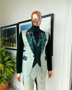 The “Gogo” Limited Edition Shade Of Mixed Green Jacquard Fabric Notch Lapel Metallic Jacquard Suit