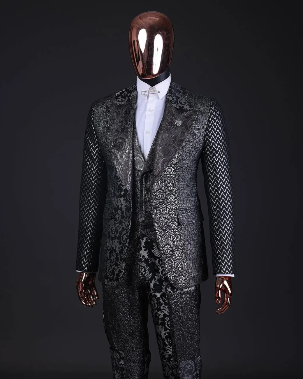 The “Gogo” Limited Edition Gold and Silver Mixed Jacquard Fabric Peak Lapel Metallic Jacquard Suit