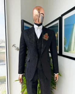 The “gogo” limited edition black mixed jacquard fabric peak lapel metallic jacquard suit