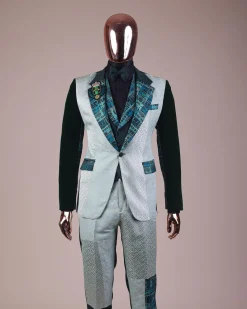 The “Gogo” Limited Edition Shade Of Mixed Green Jacquard Fabric Notch Lapel Metallic Jacquard Suit