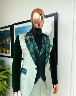 The “Gogo” Limited Edition Shade Of Mixed Green Jacquard Fabric Notch Lapel Metallic Jacquard Suit