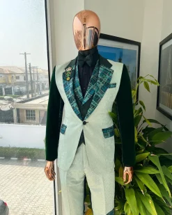 The “Gogo” Limited Edition Shade Of Mixed Green Jacquard Fabric Notch Lapel Metallic Jacquard Suit