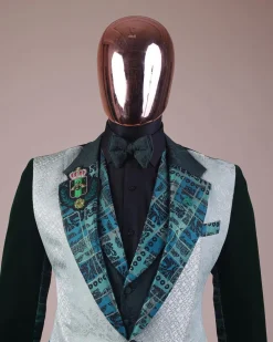 The “Gogo” Limited Edition Shade Of Mixed Green Jacquard Fabric Notch Lapel Metallic Jacquard Suit