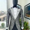 The “Jackson”, Ash, Iron and shadow grey metallic jacquard, Clear Crystal Trim bling layered peak lapel tuxedo suit
