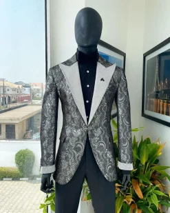 The “Jackson”, Ash, Iron and shadow grey metallic jacquard, Clear Crystal Trim bling layered peak lapel tuxedo suit