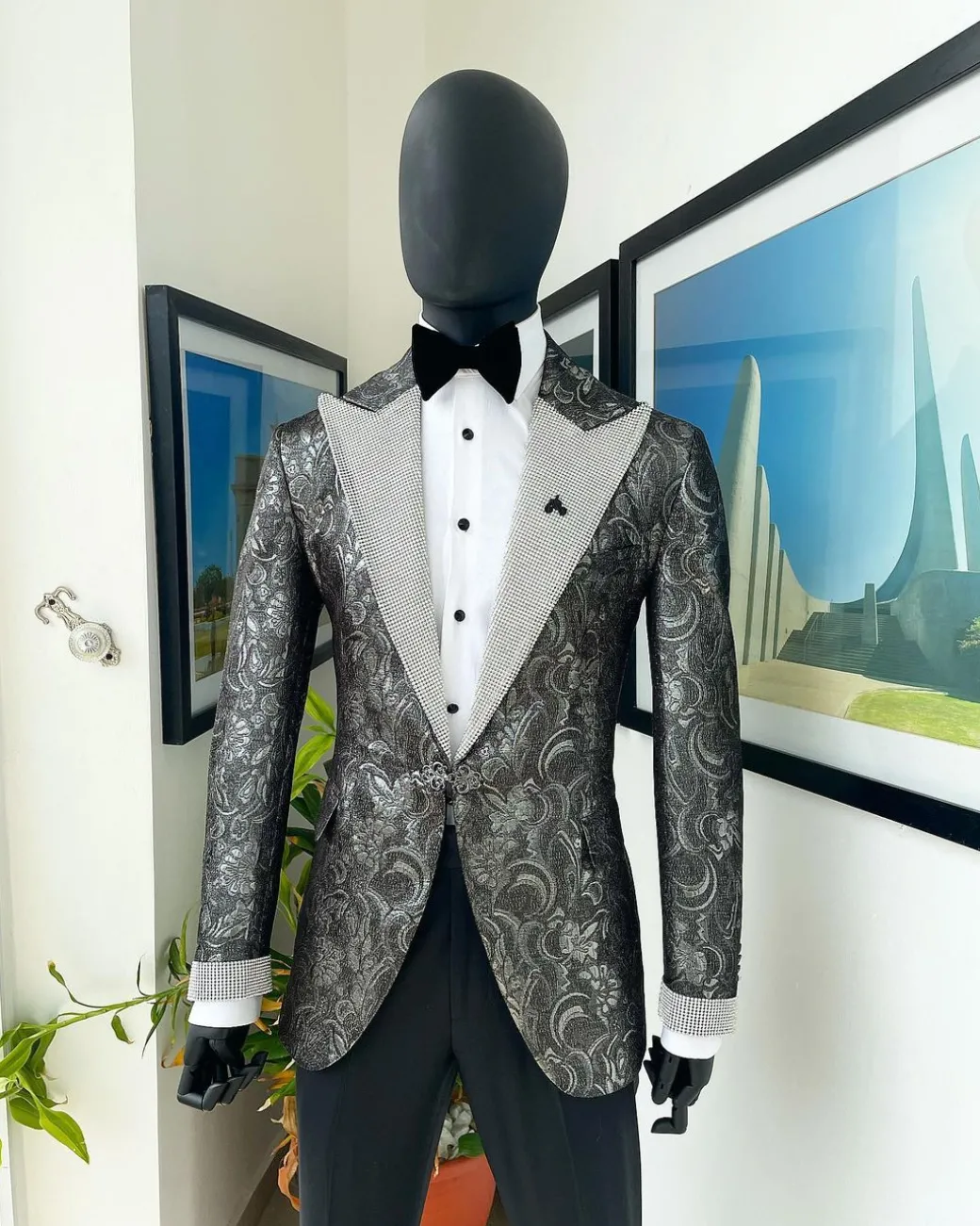 The “Jackson”, Ash, Iron and shadow grey metallic jacquard, Clear Crystal Trim bling layered peak lapel tuxedo suit