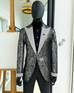 The “Jackson”, Ash, Iron and shadow grey metallic jacquard, Clear Crystal Trim bling layered peak lapel tuxedo suit