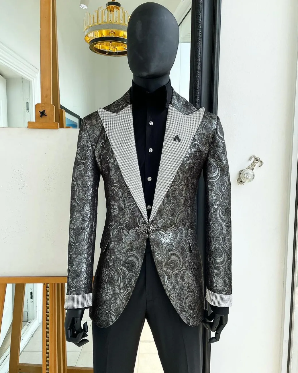 The “Jackson”, Ash, Iron and shadow grey metallic jacquard, Clear Crystal Trim bling layered peak lapel tuxedo suit