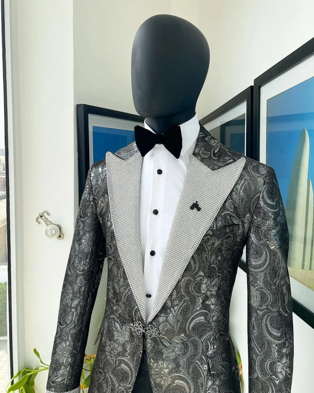 The “Jackson”, Ash, Iron and shadow grey metallic jacquard, Clear Crystal Trim bling layered peak lapel tuxedo suit