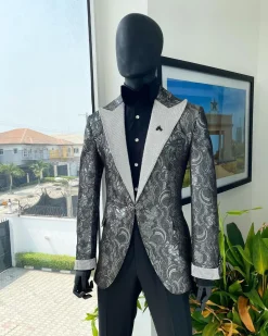 The “Jackson”, Ash, Iron and shadow grey metallic jacquard, Clear Crystal Trim bling layered peak lapel tuxedo suit