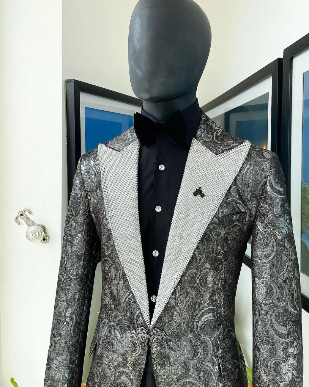 The “Jackson”, Ash, Iron and shadow grey metallic jacquard, Clear Crystal Trim bling layered peak lapel tuxedo suit