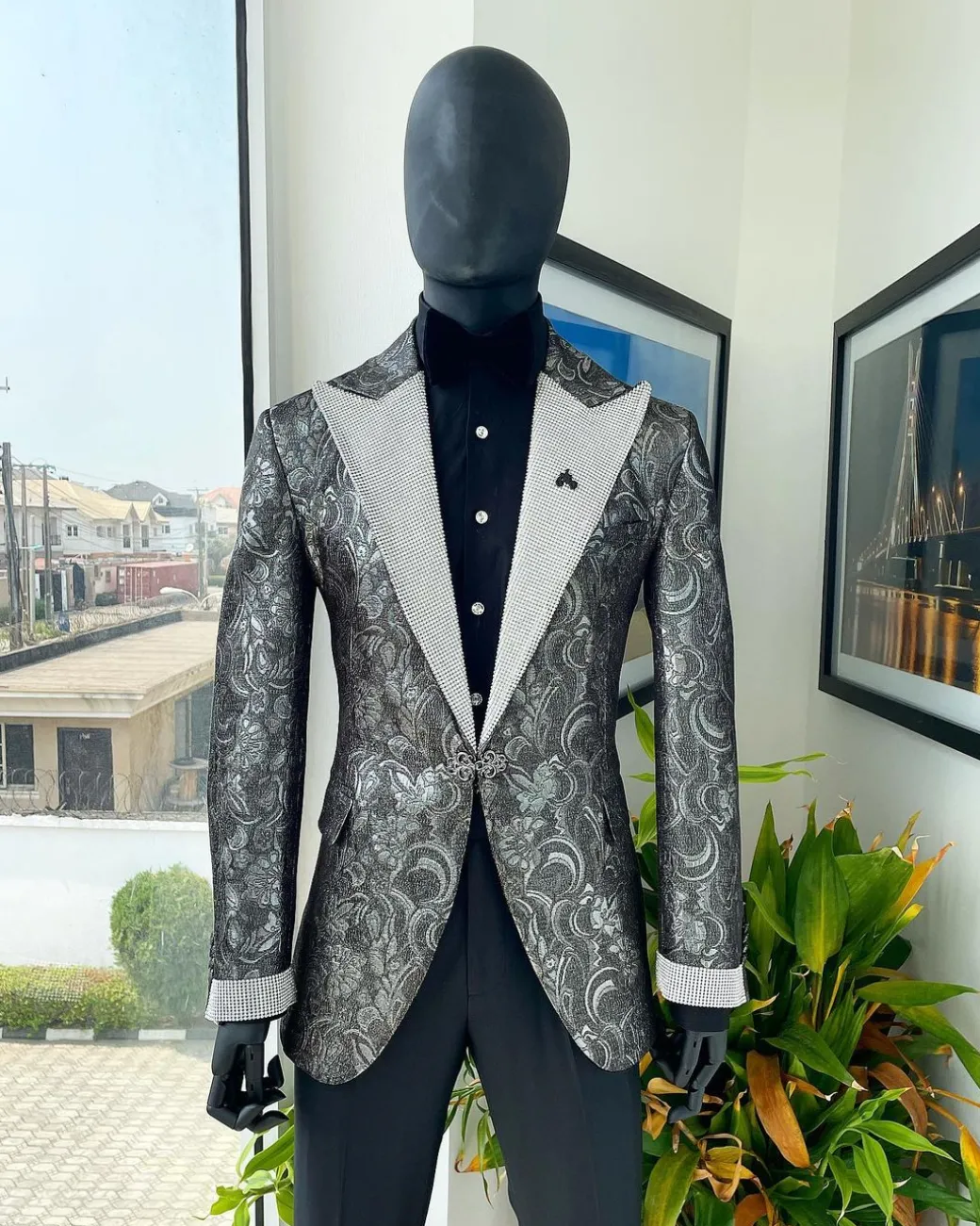 The “Jackson”, Ash, Iron and shadow grey metallic jacquard, Clear Crystal Trim bling layered peak lapel tuxedo suit