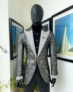 The “Jackson”, Ash, Iron and shadow grey metallic jacquard, Clear Crystal Trim bling layered peak lapel tuxedo suit