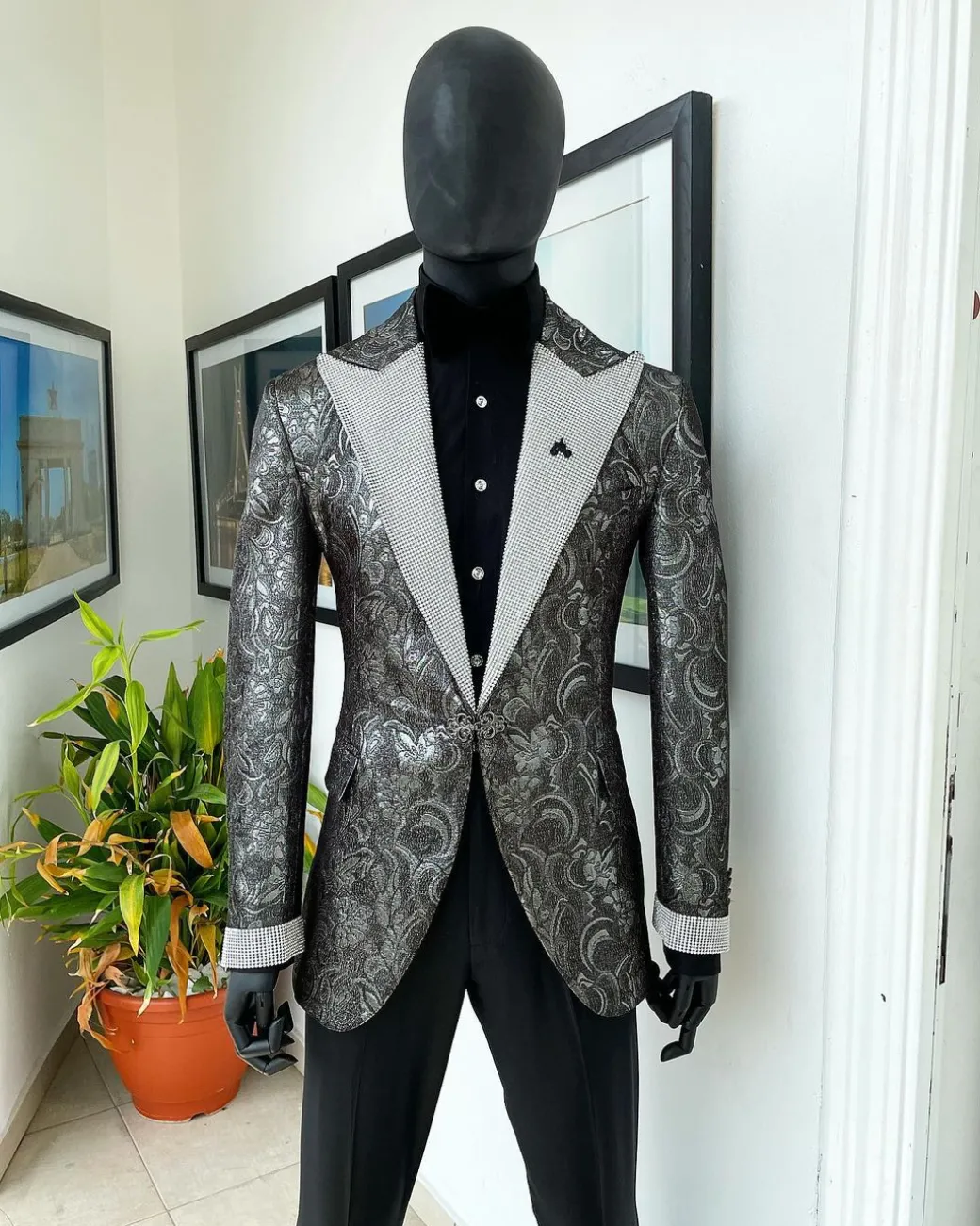 The “Jackson”, Ash, Iron and shadow grey metallic jacquard, Clear Crystal Trim bling layered peak lapel tuxedo suit