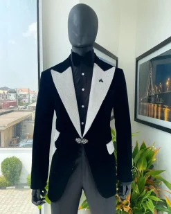 The “Jackson”, Charcoal black, Clear Crystal Trim bling layered peak lapel tuxedo suit