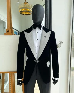 The “Jackson”, Charcoal black, Clear Crystal Trim Bling Layered Peak Lapel Tuxedo Suit