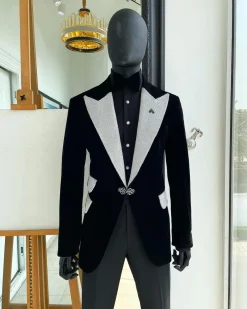 The “Jackson”, Charcoal black, Clear Crystal Trim bling layered peak lapel tuxedo suit