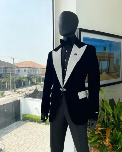 The “Jackson”, Charcoal black, Clear Crystal Trim bling layered peak lapel tuxedo suit