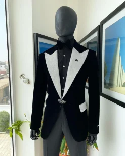 The “Jackson”, Charcoal black, Clear Crystal Trim bling layered peak lapel tuxedo suit