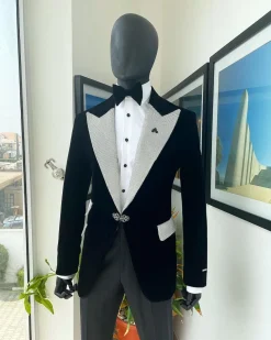 The “Jackson”, Charcoal black, Clear Crystal Trim Bling Layered Peak Lapel Tuxedo Suit