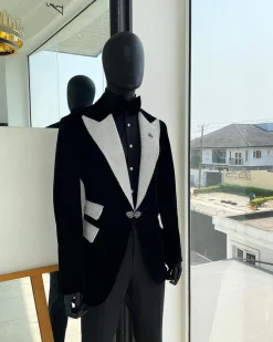 The “Jackson”, Charcoal black, Clear Crystal Trim bling layered peak lapel tuxedo suit