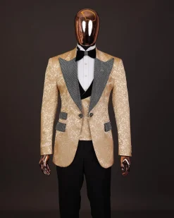 The “Jackson”, Gold Floral , Clear Crystal Trim bling layered peak lapel tuxedo suit
