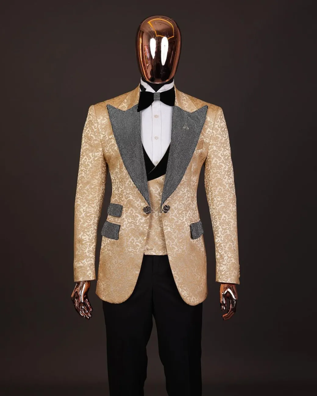 The “Jackson”, Gold Floral , Clear Crystal Trim bling layered peak lapel tuxedo suit
