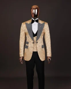 The “Jackson”, Gold Floral , Clear Crystal Trim bling layered peak lapel tuxedo suit