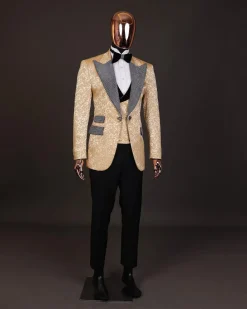 The “Jackson”, Gold Floral , Clear Crystal Trim bling layered peak lapel tuxedo suit