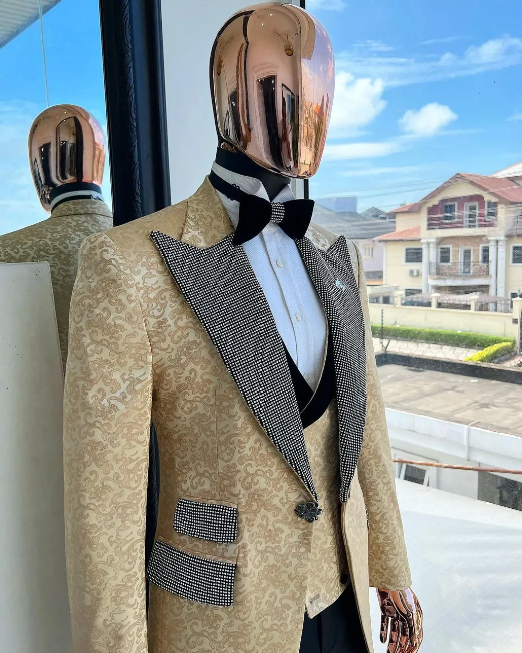 The “Jackson”, Gold Floral , Clear Crystal Trim bling layered peak lapel tuxedo suit