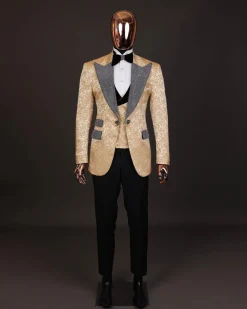 The “Jackson”, Gold Floral , Clear Crystal Trim bling layered peak lapel tuxedo suit