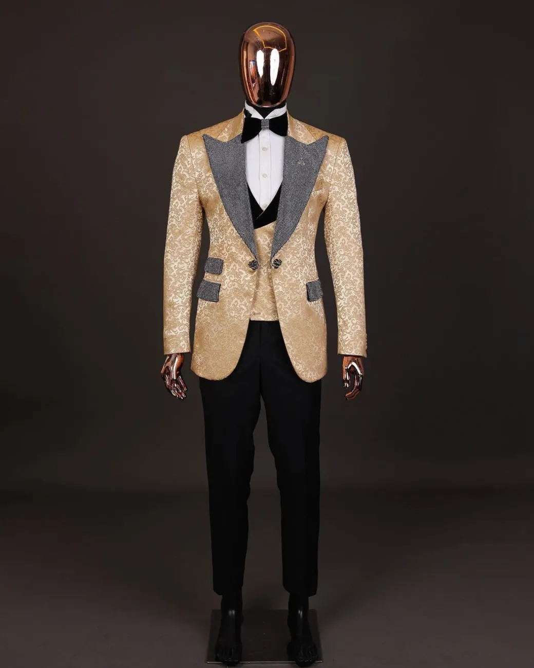 The “Jackson”, Gold Floral , Clear Crystal Trim bling layered peak lapel tuxedo suit