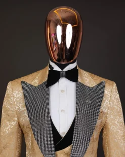 The “Jackson”, Gold Floral , Clear Crystal Trim bling layered peak lapel tuxedo suit