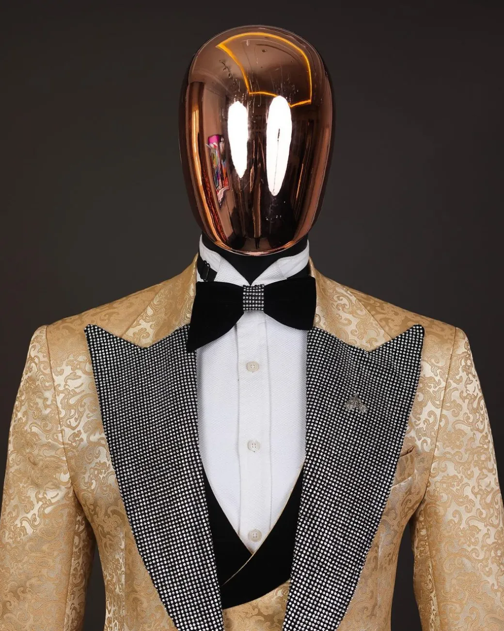 The “Jackson”, Gold Floral , Clear Crystal Trim bling layered peak lapel tuxedo suit