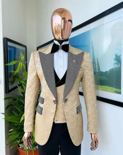 The “Jackson”, Gold Floral , Clear Crystal Trim bling layered peak lapel tuxedo suit