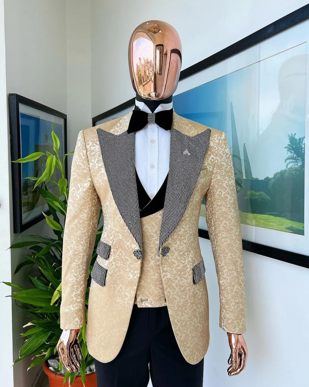 The “Jackson”, Gold Floral , Clear Crystal Trim bling layered peak lapel tuxedo suit