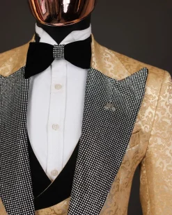 The “Jackson”, Gold Floral , Clear Crystal Trim bling layered peak lapel tuxedo suit