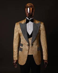 The “Jackson”, Gold Floral , Clear Crystal Trim bling layered peak lapel tuxedo suit