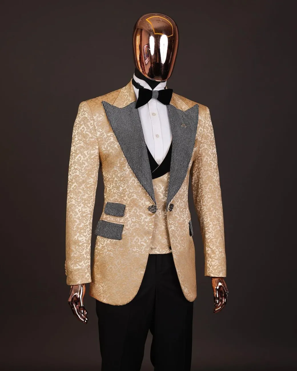The “Jackson”, Gold Floral , Clear Crystal Trim bling layered peak lapel tuxedo suit