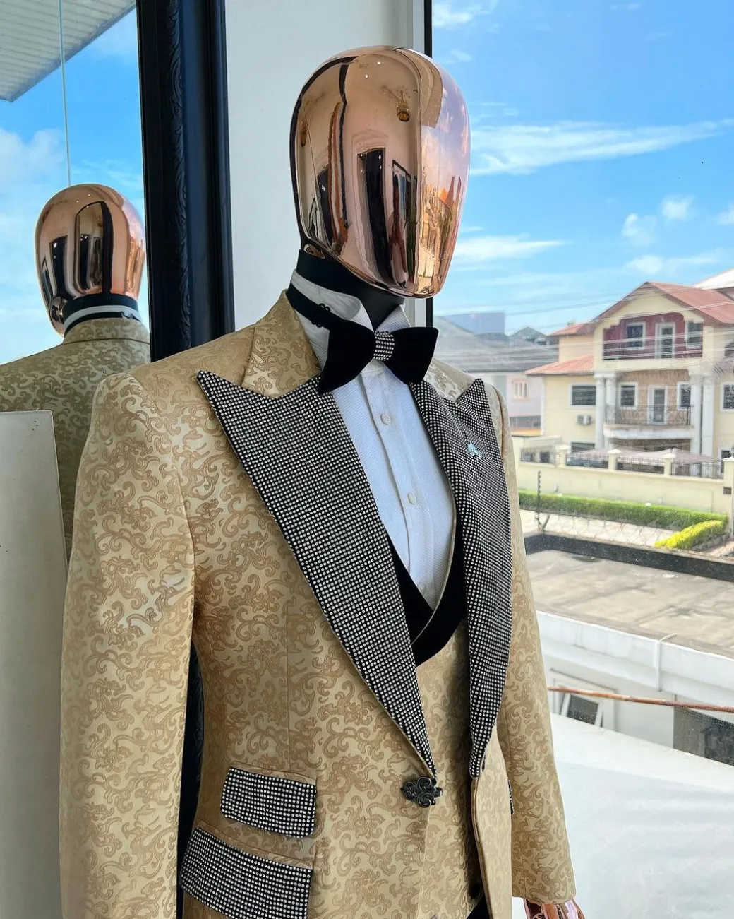 The “Jackson”, Gold Floral , Clear Crystal Trim bling layered peak lapel tuxedo suit